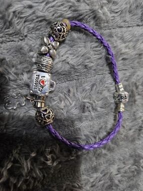 Pandora Purple Braided Leather Charm Bracelet with Travel Motif And Charms